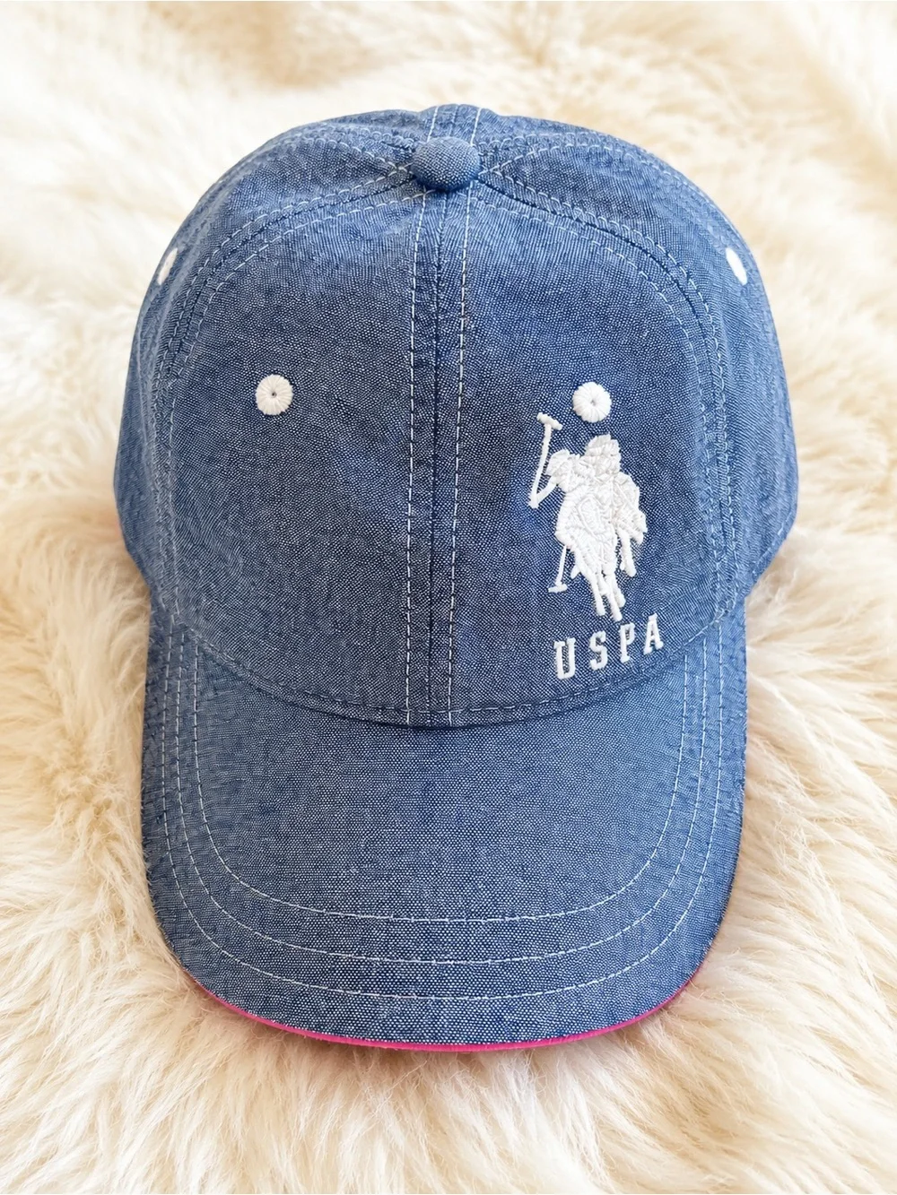 U.S. Polo Assn. Chambray Blue Baseball Cap Pink Trim Adjustable Cotton Hat EUC